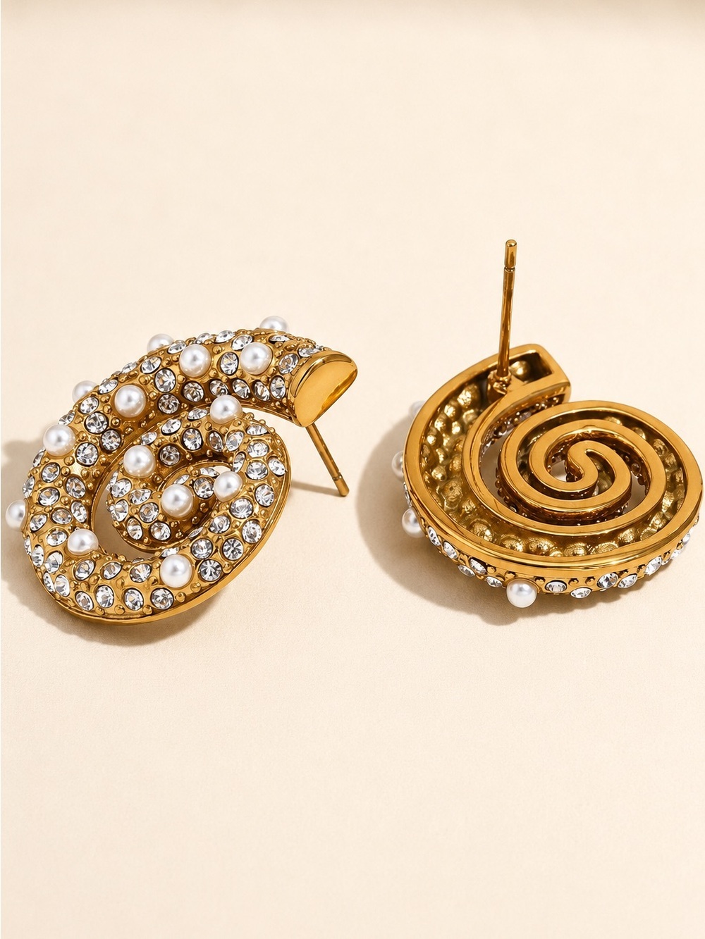 Gold color Spiral Pearl & Crystal Statement Earrings